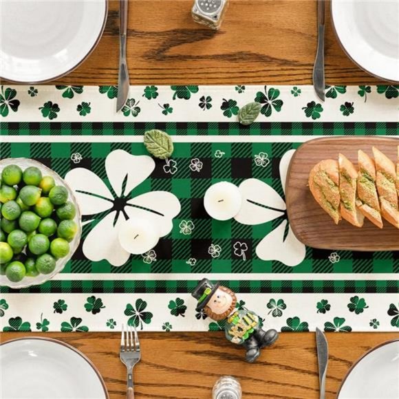 Green Clover Buffalo Plaid Shamrocks St.Patrick's Day Table Runner - Picture 4 of 7
